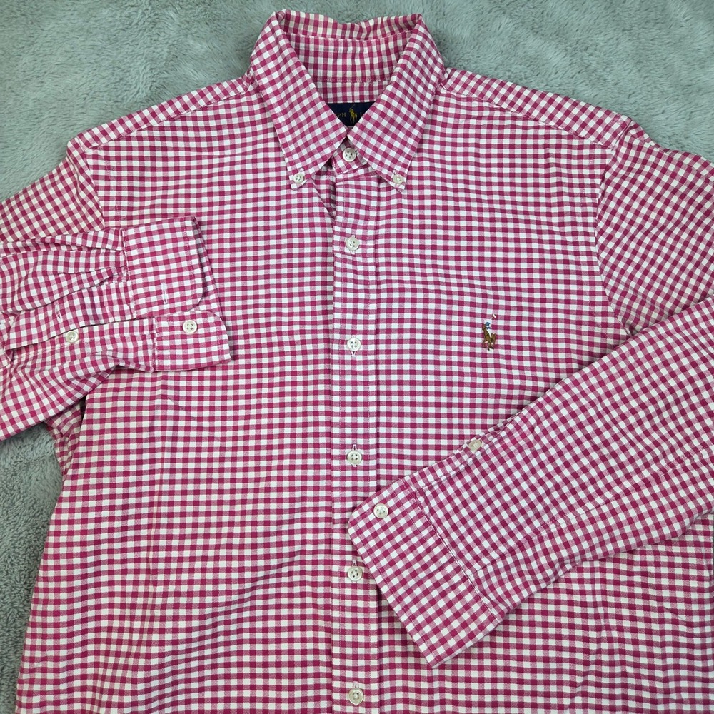 Ralph Lauren Gingham Button Down Mens M Long Sleeve Pony Logo Pink White Plaid